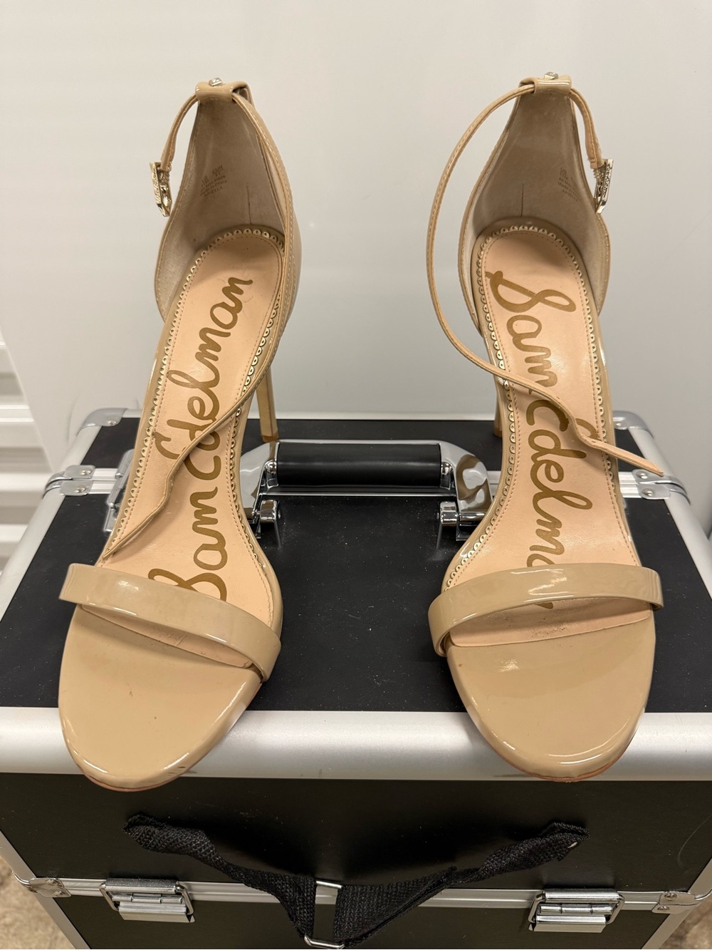 Sam Edelman Beige Patent Ankle-Strap Stiletto Sandals